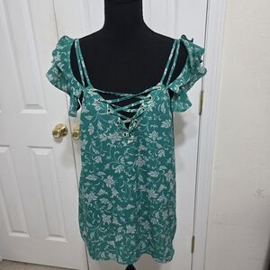Express Teal Floral Lace-Up Ruffle Sleeve Blouse
